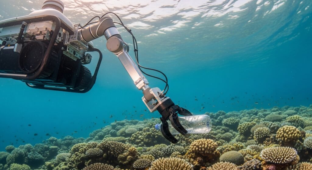 Robotic arm retrieves plastic waste from a healthy coral reef, highlighting environmental cleanup efforts.