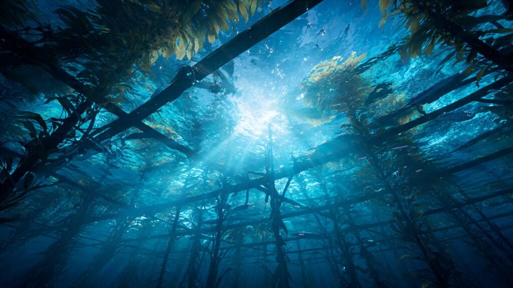 Sunlight streams through a dense underwater kelp forest, creating a mesmerizing blue aquatic environment with light rays.